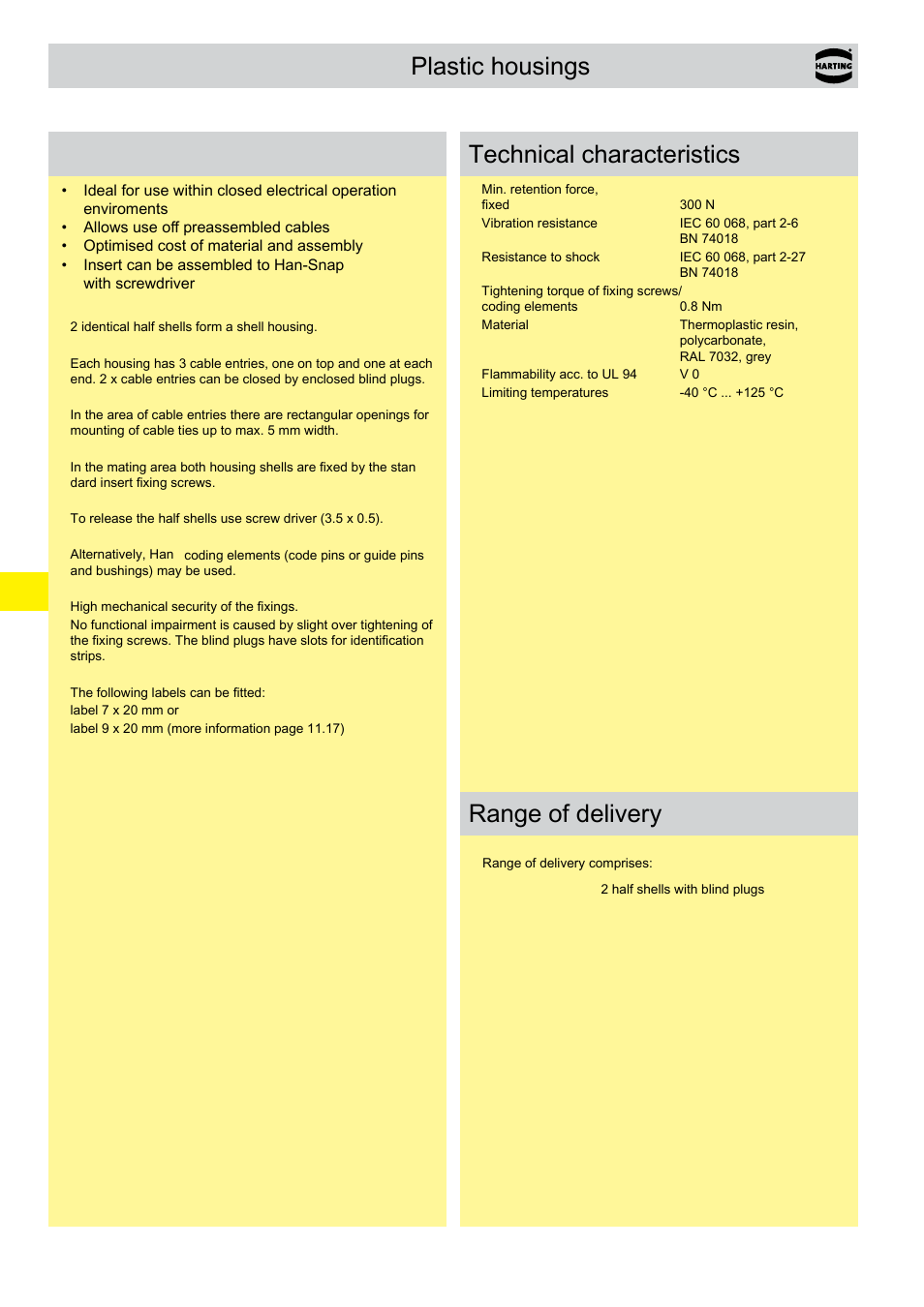 Plastic housings, Han-snap, Plastic housings features | Technical characteristics range of delivery | Northern Connectors Harting HAN Industrial Rectangular Connectors User Manual | Page 173 / 536