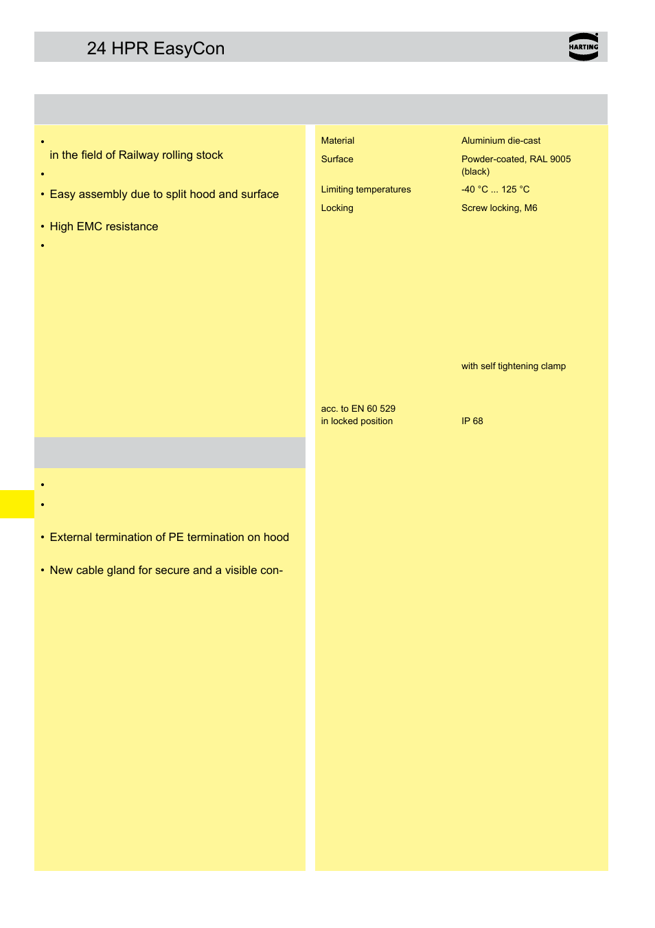 Technical characteristics han® 24 hpr easycon, 14 . 28 han, Features | Northern Connectors Harting HAN Industrial Rectangular Connectors User Manual | Page 255 / 536