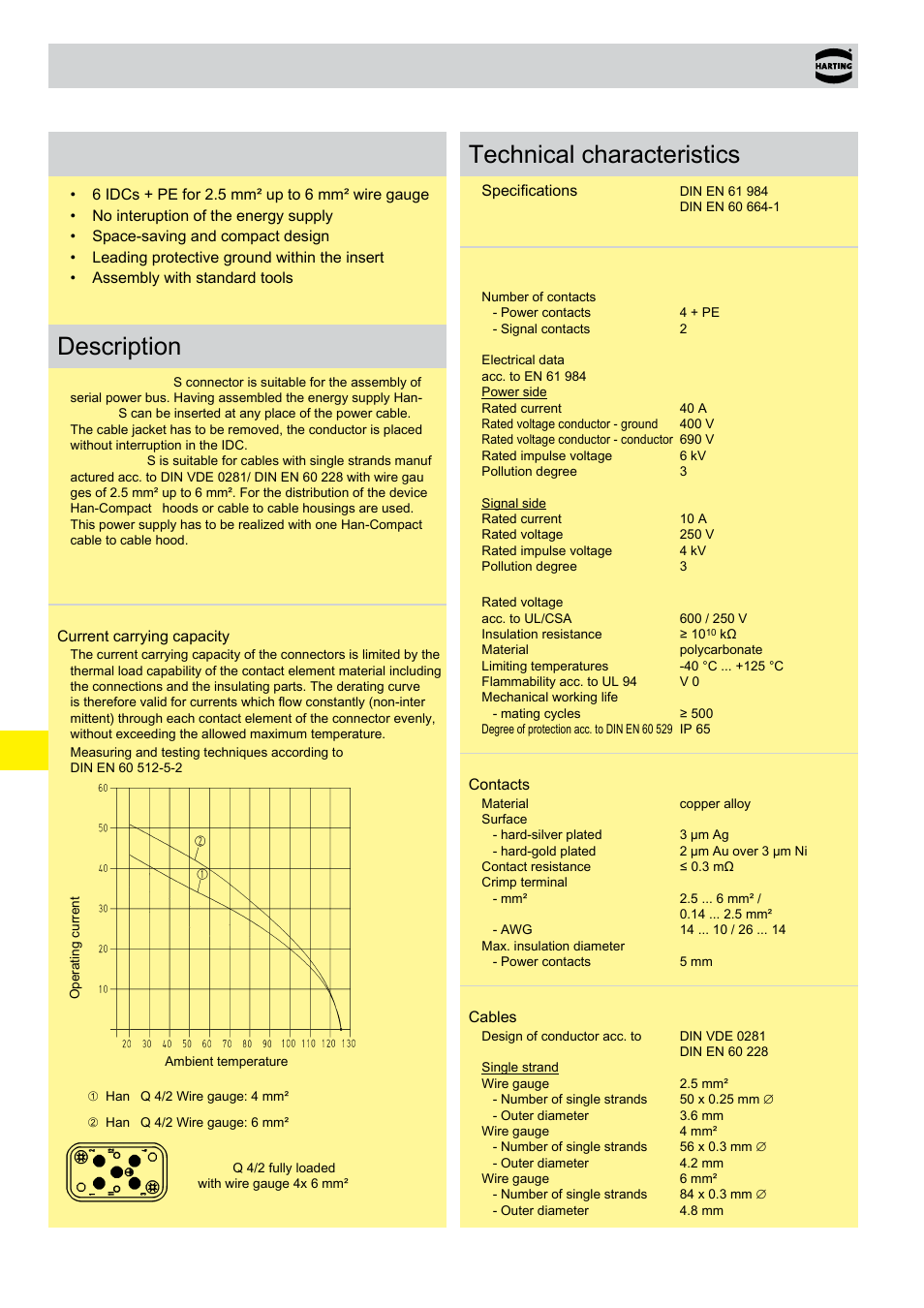 Han-power® s with 1x han® q 4/2, Han-power, S with 1x han | Q 4/2, Q 4/2 features, Description, Technical characteristics | Northern Connectors Harting HAN Industrial Rectangular Connectors User Manual | Page 267 / 536