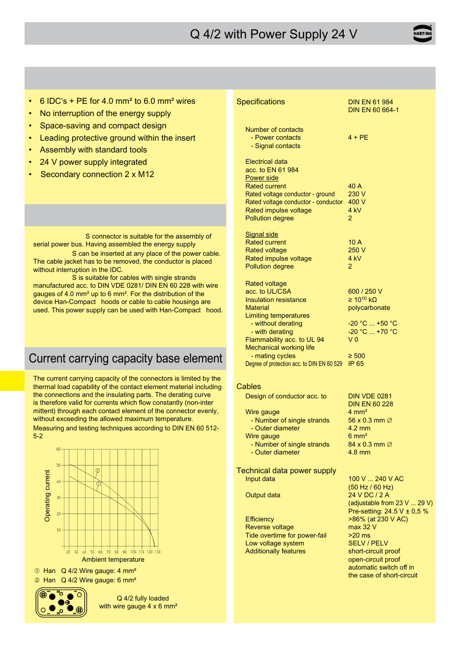 Han-power, S with 1x han, Q 4/2 with power supply 24 v | Features technical characteristics han-power, Assembly details, Current carrying capacity base element | Northern Connectors Harting HAN Industrial Rectangular Connectors User Manual | Page 271 / 536