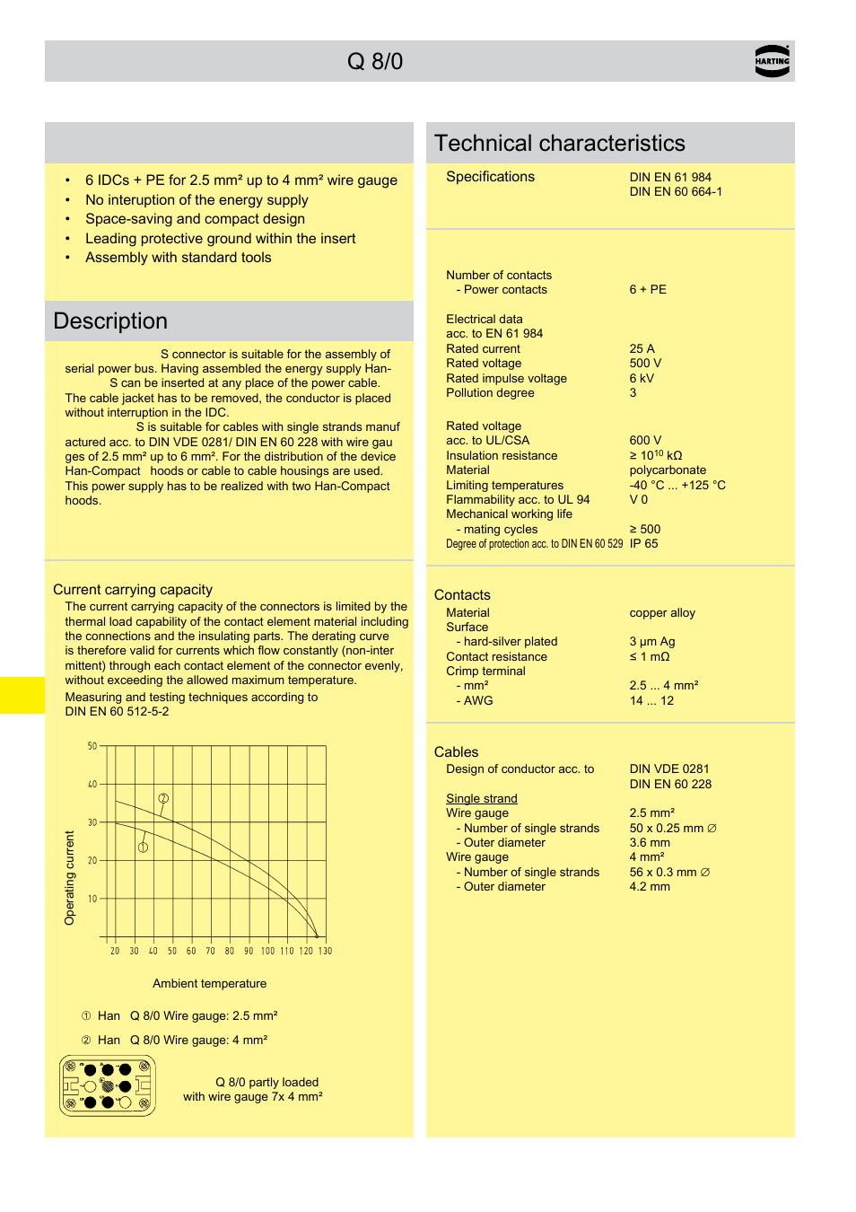 Han-power® s with 2x han® q 8/0, Han-power, S with 2x han | Q 8/0, Q 8/0 features, Description, Technical characteristics | Northern Connectors Harting HAN Industrial Rectangular Connectors User Manual | Page 279 / 536