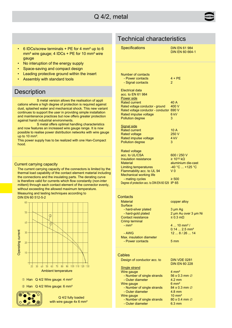 Han-power® s with 1x han® q 4/2, metal, Han-power, S with 1x han | Q 4/2, metal, Q 4/2, metal features, Description, Technical characteristics | Northern Connectors Harting HAN Industrial Rectangular Connectors User Manual | Page 281 / 536