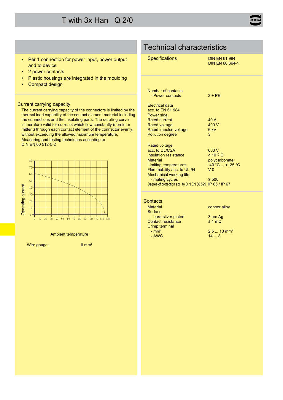 Han-power® t with 3x han® q 2/0, Han-power, T with 3x han | Q 2/0, Q 2/0 features, Technical characteristics | Northern Connectors Harting HAN Industrial Rectangular Connectors User Manual | Page 287 / 536