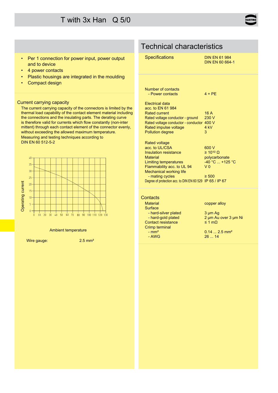 Han-power® t with 3x han® q 5/0, Han-power, T with 3x han | Q 5/0, Q 5/0 features, Technical characteristics | Northern Connectors Harting HAN Industrial Rectangular Connectors User Manual | Page 289 / 536