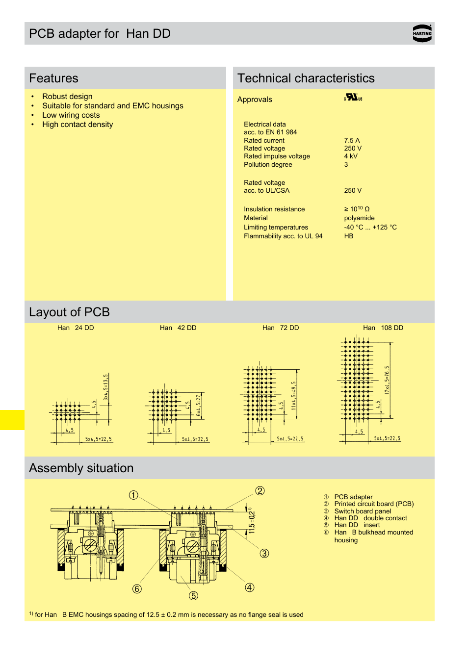 Han dd® inserts with pcb adapter, Han dd, Inserts with pcb adapter | Pcb adapter for han dd, Features, Technical characteristics, Layout of pcb assembly situation | Northern Connectors Harting HAN Industrial Rectangular Connectors User Manual | Page 321 / 536