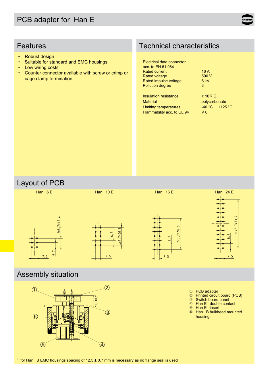 Han e® inserts with pcb adapter, Han e, Inserts with pcb adapter | Pcb adapter for han e, Features, Technical characteristics, Layout of pcb assembly situation | Northern Connectors Harting HAN Industrial Rectangular Connectors User Manual | Page 323 / 536