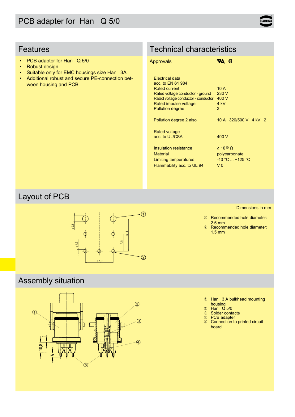 Han® q 5/0 inserts with pcb adapter, Q 5/0 inserts with pcb adapter, Pcb adapter for han | Q 5/0 features, Technical characteristics, Layout of pcb, Assembly situation | Northern Connectors Harting HAN Industrial Rectangular Connectors User Manual | Page 327 / 536