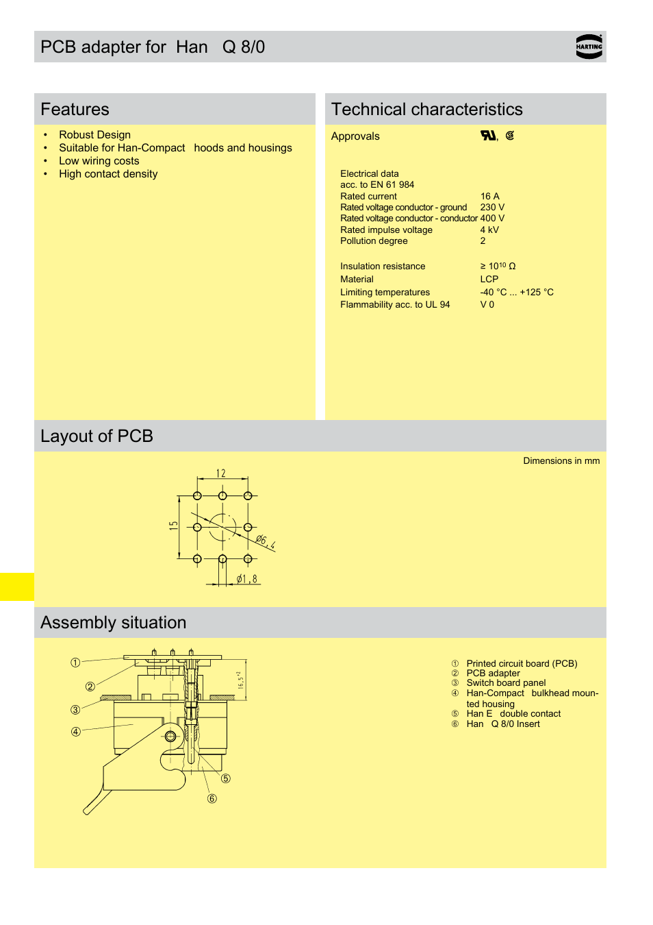 Han® q 8/0 inserts with pcb adapter, Q 8/0 inserts with pcb adapter, Pcb adapter for han | Q 8/0 features, Technical characteristics, Layout of pcb, Assembly situation | Northern Connectors Harting HAN Industrial Rectangular Connectors User Manual | Page 331 / 536