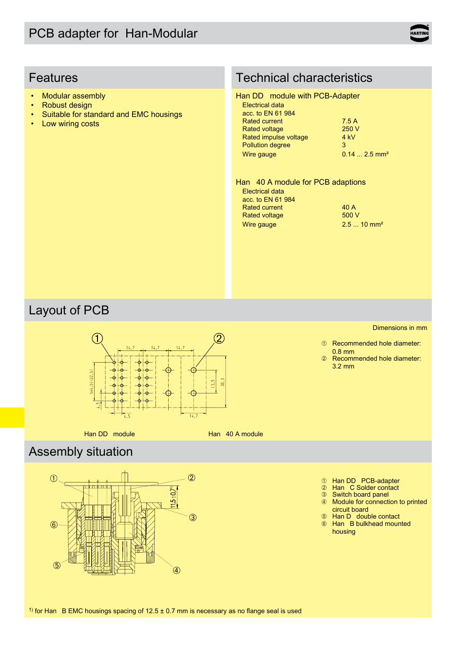 Han-modular® inserts with pcb adapter, Han-modular, Inserts with pcb adapter | Pcb adapter for han-modular, Features, Technical characteristics, Layout of pcb, Assembly situation | Northern Connectors Harting HAN Industrial Rectangular Connectors User Manual | Page 335 / 536