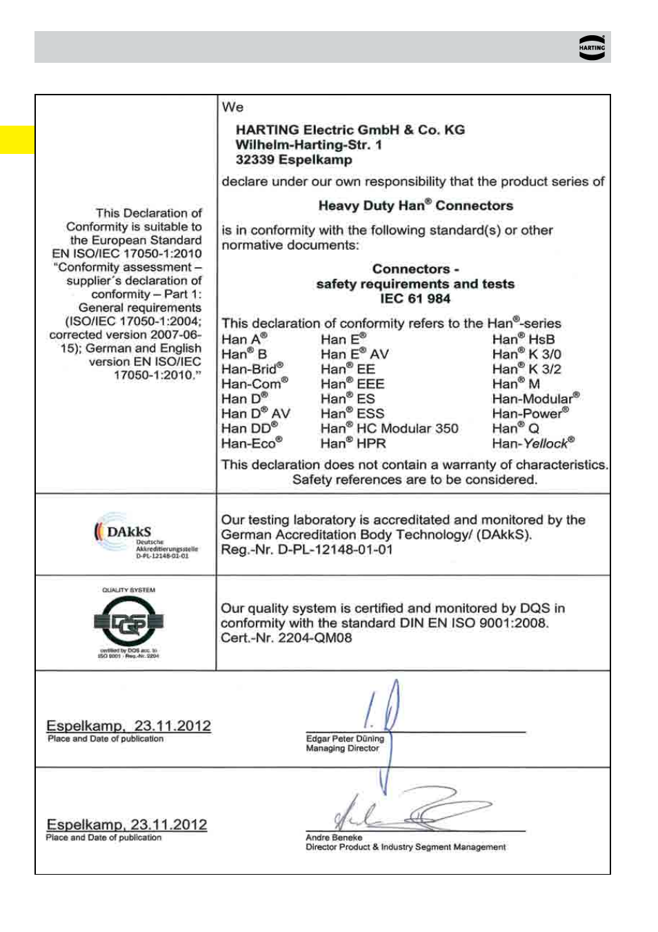 Declaration of comformity | Northern Connectors Harting HAN Industrial Rectangular Connectors User Manual | Page 34 / 536