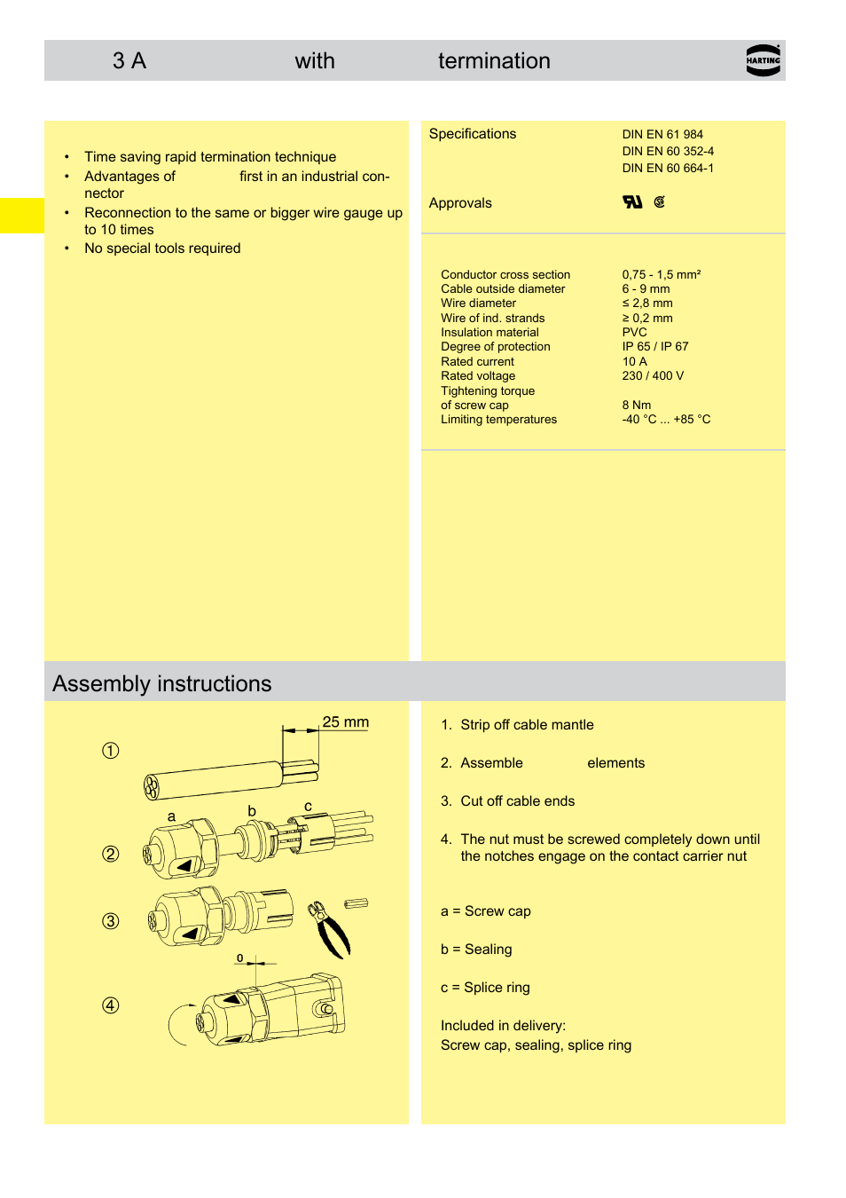 Technical characteristics han, 3 a with, Harax | Termination, 3 a with harax, Assembly instructions | Northern Connectors Harting HAN Industrial Rectangular Connectors User Manual | Page 38 / 536