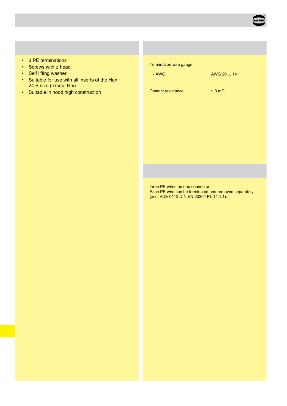 Pe multiple ground connection, Technical characteristics, Applications | Northern Connectors Harting HAN Industrial Rectangular Connectors User Manual | Page 472 / 536