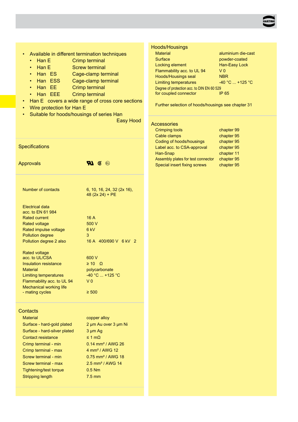 Technical characteristics han e, Han e, Technical characteristics | Northern Connectors Harting HAN Industrial Rectangular Connectors User Manual | Page 70 / 536