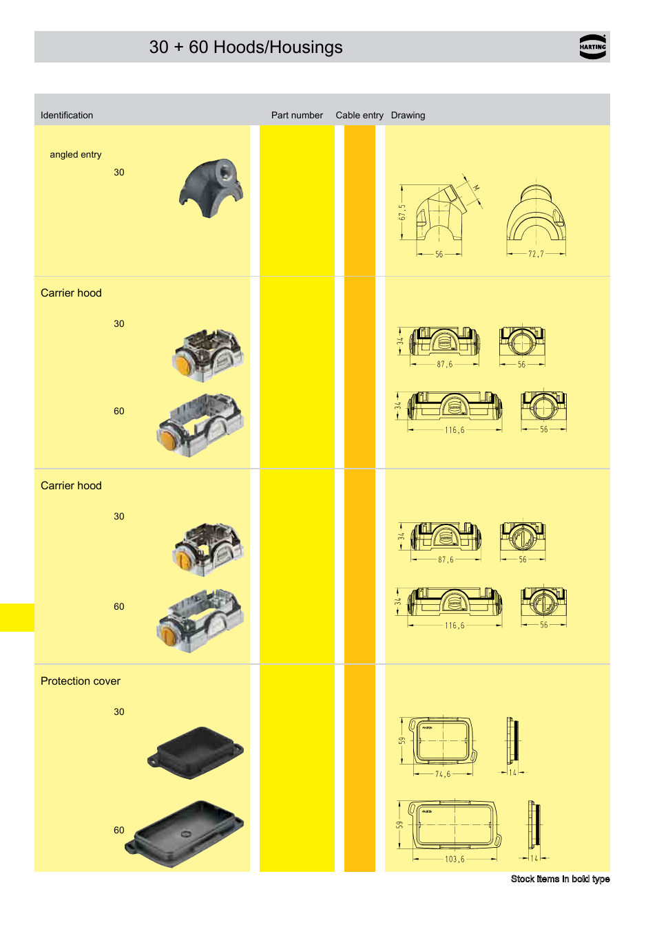 Han- yellock, 30 + 60 hoods/housings, Hoods han- yellock | Northern Connectors Harting Han-Yellock Industrial Connectors User Manual | Page 18 / 38