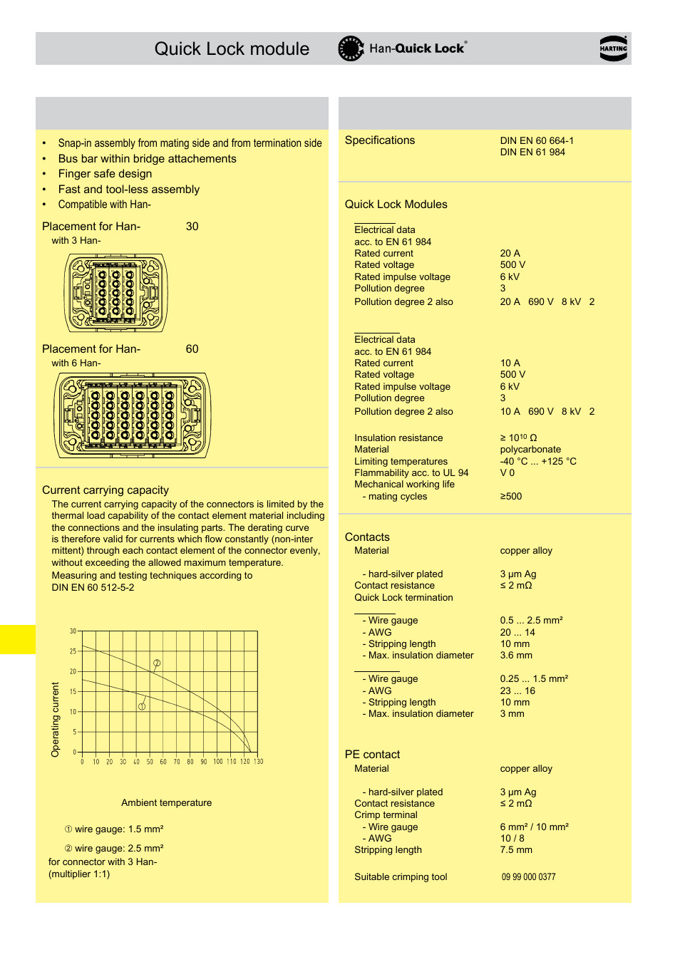 Han- yellock, Quick lock module, Quick lock module features | Technical characteristics | Northern Connectors Harting Han-Yellock Industrial Connectors User Manual | Page 24 / 38