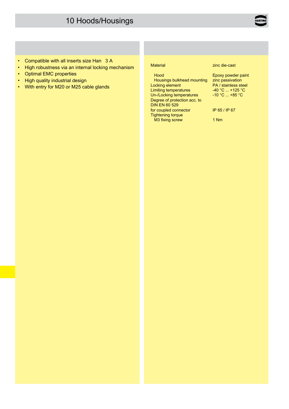 Han- yellock, 10 hoods/housings technical characteristics, 10 hoods/housings features | Technical characteristics | Northern Connectors Harting Han-Yellock Industrial Connectors User Manual | Page 8 / 38