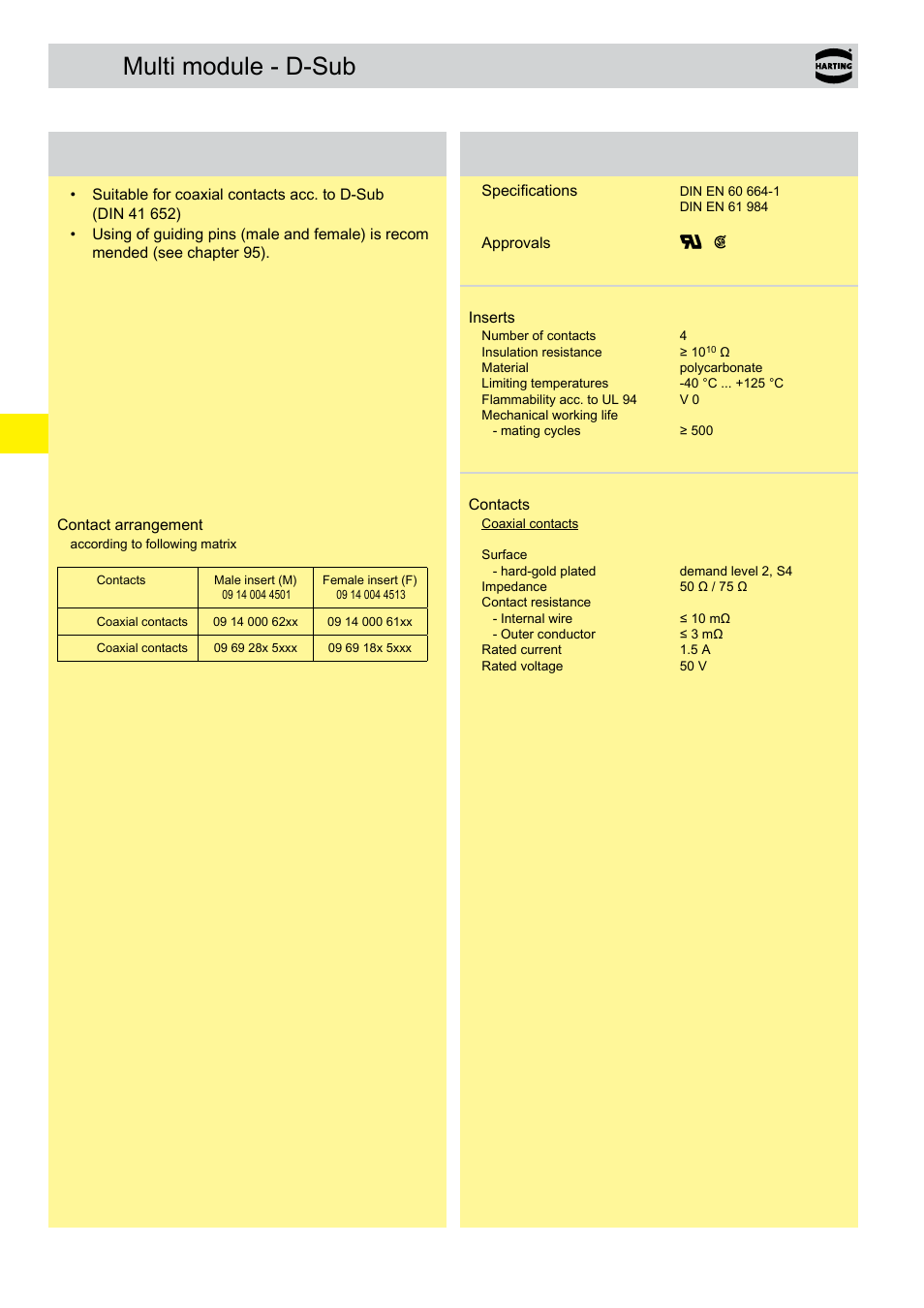 Multi module according to d-sub, Multi module - d-sub features, Technical characteristics | Northern Connectors Harting Han-Modular Connectors User Manual | Page 106 / 124