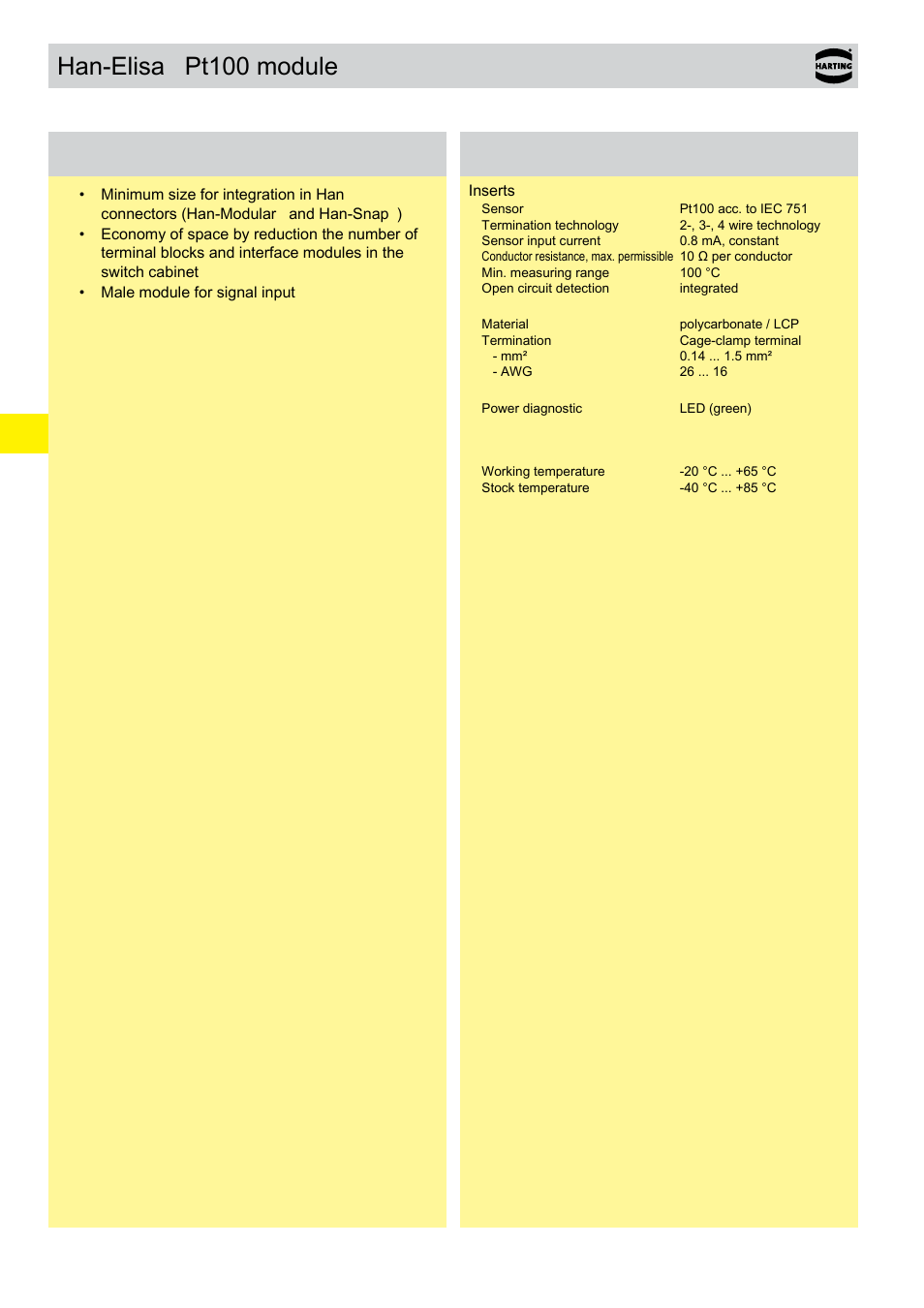 Han-elisa, Pt100 module, Pt100 module features | Technical characteristics | Northern Connectors Harting Han-Modular Connectors User Manual | Page 118 / 124