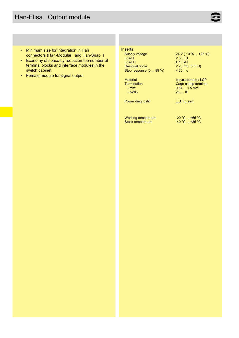 Han-elisa, Output module, Output module features | Technical characteristics | Northern Connectors Harting Han-Modular Connectors User Manual | Page 120 / 124