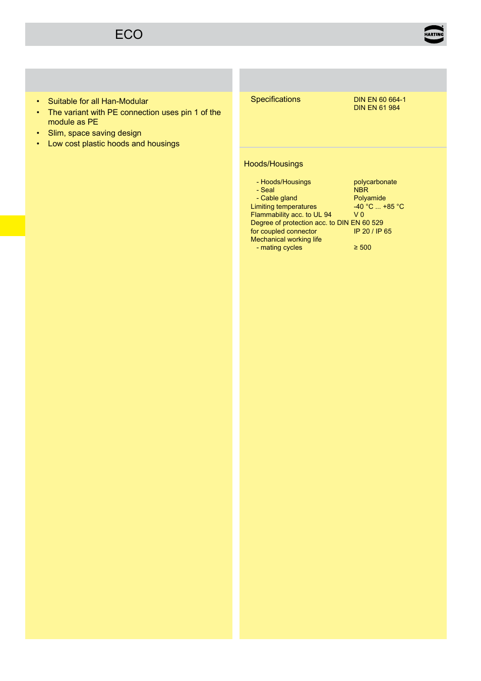 Han-modular, Eco features, Technical characteristics | Northern Connectors Harting Han-Modular Connectors User Manual | Page 20 / 124