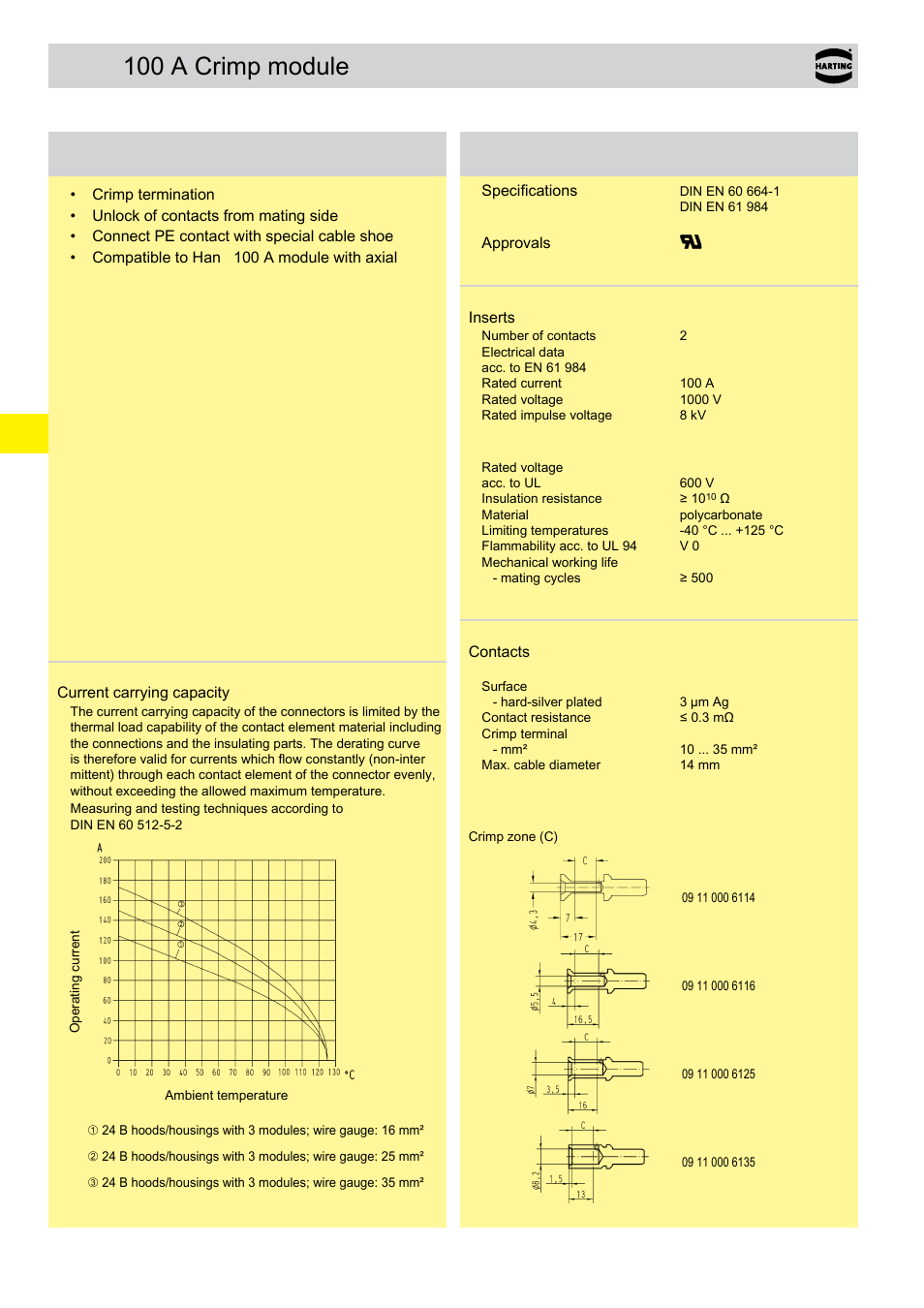 100 a crimp module, 100 a crimp module features, Technical characteristics | Northern Connectors Harting Han-Modular Connectors User Manual | Page 30 / 124