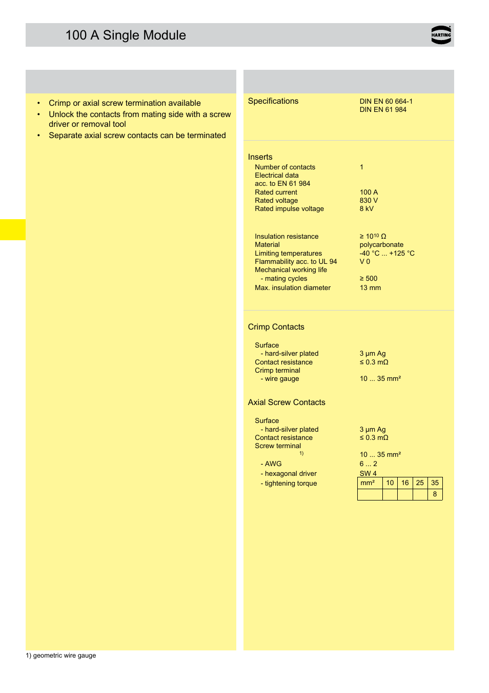 100 a single module | Northern Connectors Harting Han-Modular Connectors User Manual | Page 32 / 124