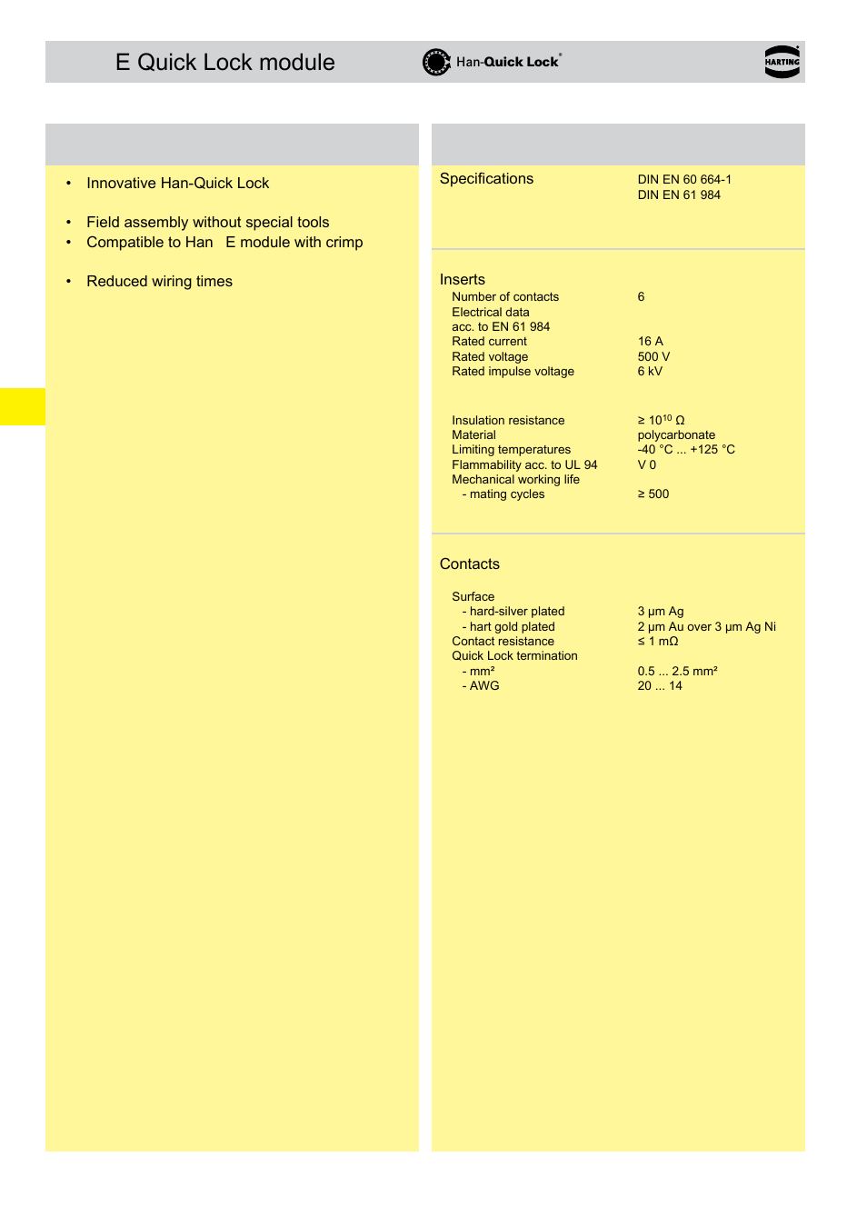 E quick lock module, E quick lock module features, Technical characteristics | Northern Connectors Harting Han-Modular Connectors User Manual | Page 54 / 124
