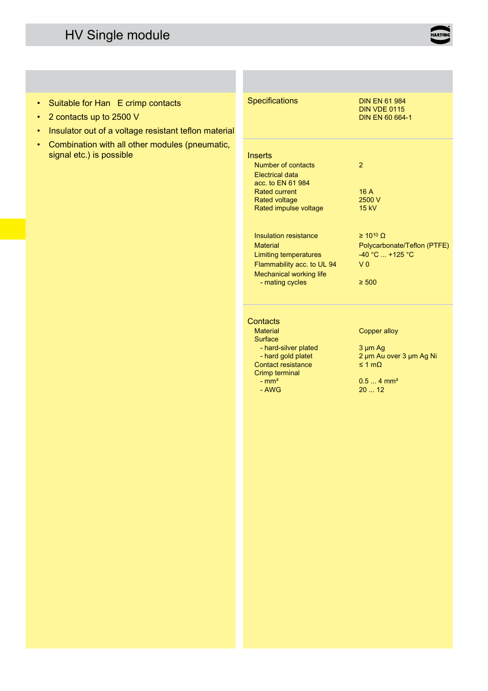 Hv single module, Hv single module features, Technical characteristics | Northern Connectors Harting Han-Modular Connectors User Manual | Page 66 / 124