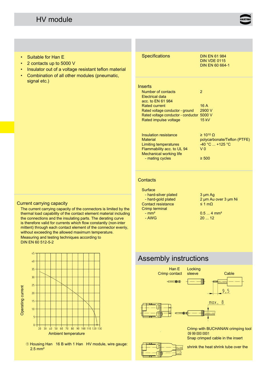 Hv module, Hv module features, Technical characteristics | Assembly instructions | Northern Connectors Harting Han-Modular Connectors User Manual | Page 68 / 124