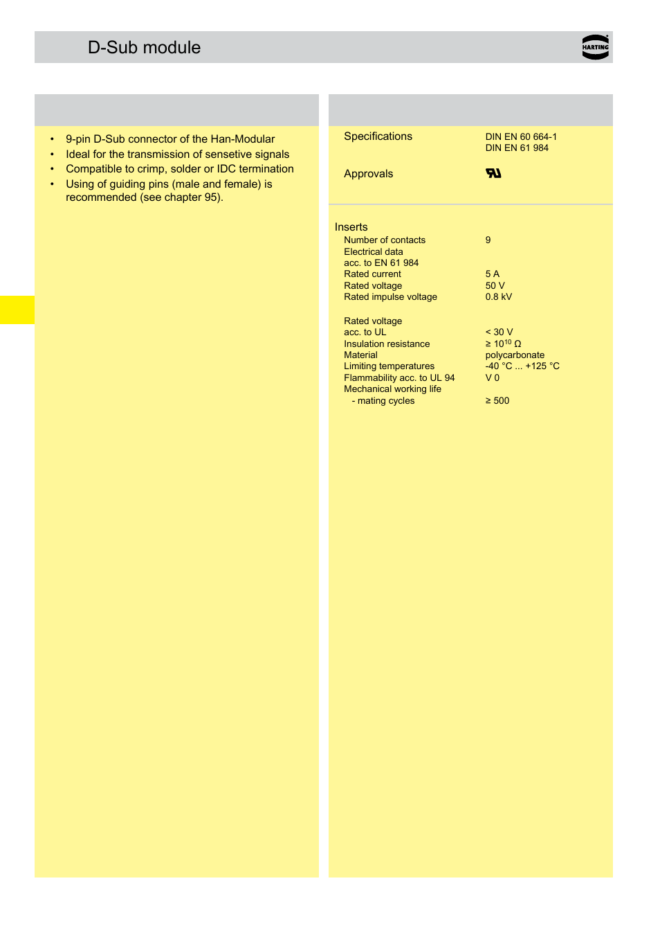 D-sub module, D-sub module features, Technical characteristics | Northern Connectors Harting Han-Modular Connectors User Manual | Page 80 / 124