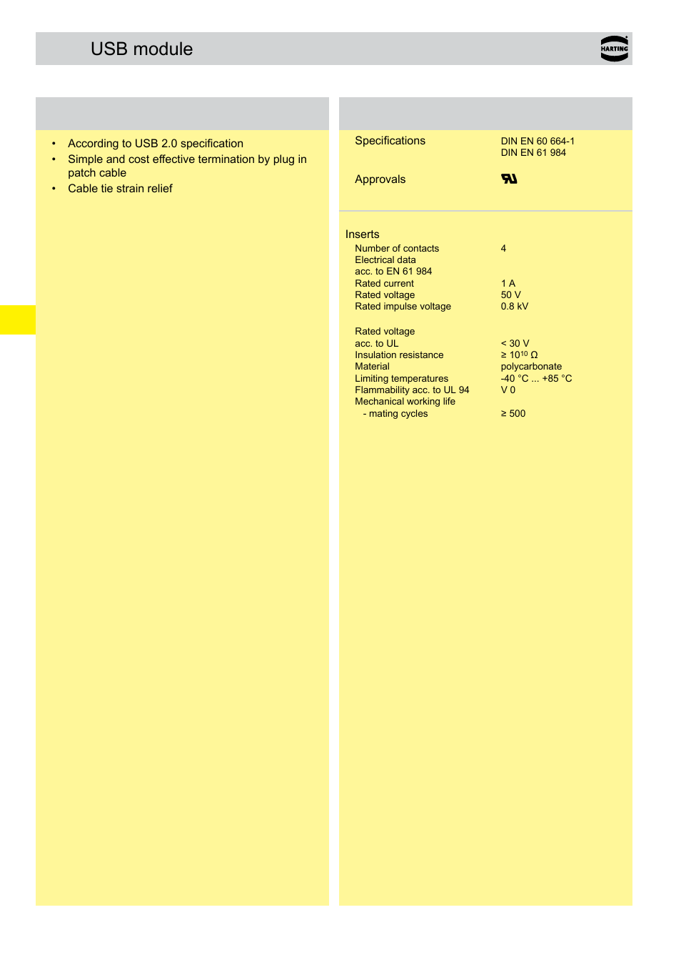 Usb module, Usb module features, Technical characteristics | Northern Connectors Harting Han-Modular Connectors User Manual | Page 82 / 124