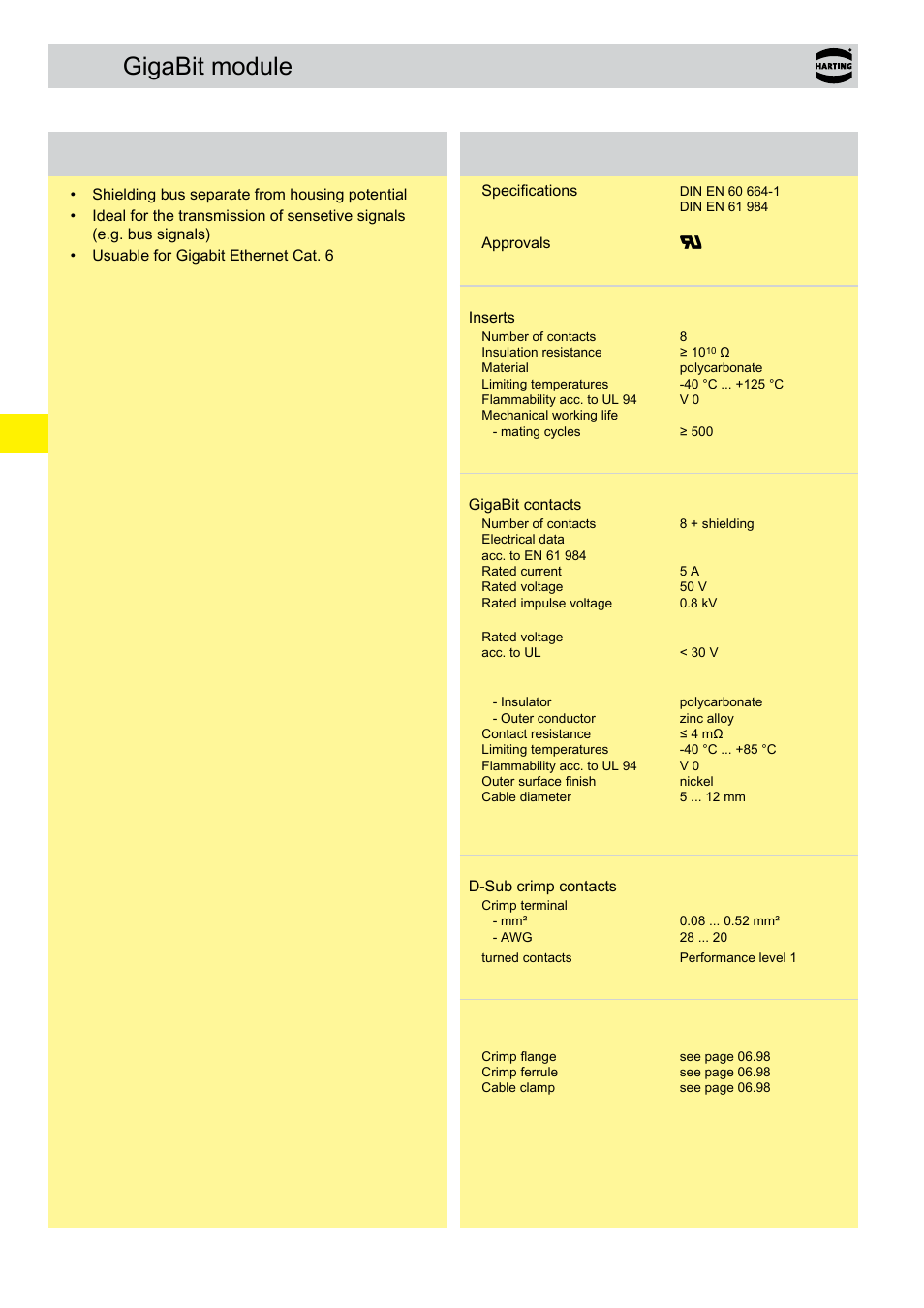 Gigabit module, Gigabit module features, Technical characteristics | Northern Connectors Harting Han-Modular Connectors User Manual | Page 92 / 124