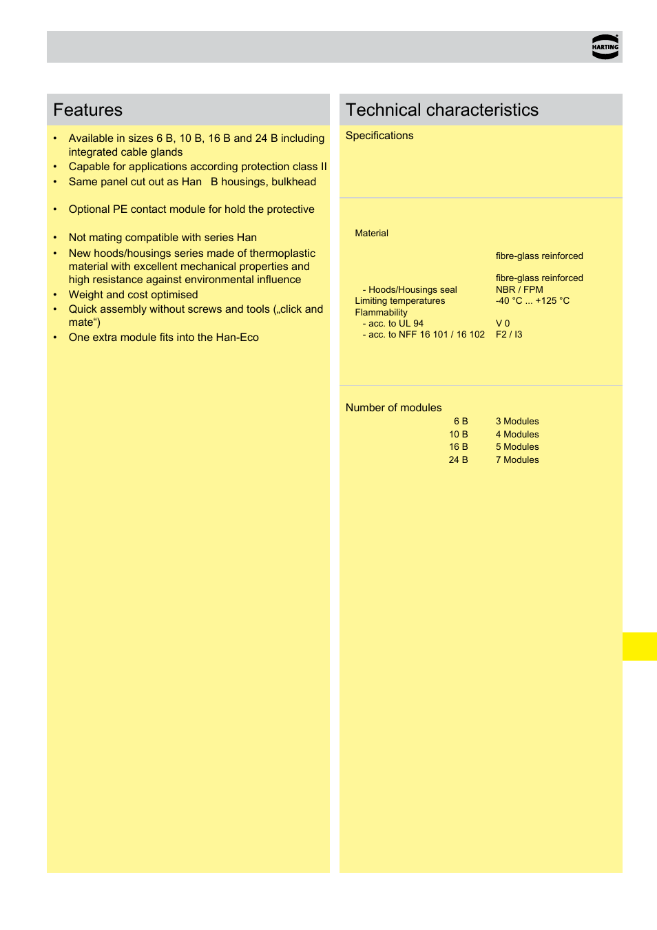 Technical characteristics han-eco, Hoods/housings, Han-eco | Hoods/housings features, Technical characteristics | Northern Connectors Harting Han-Eco Industrial Connectors User Manual | Page 3 / 26