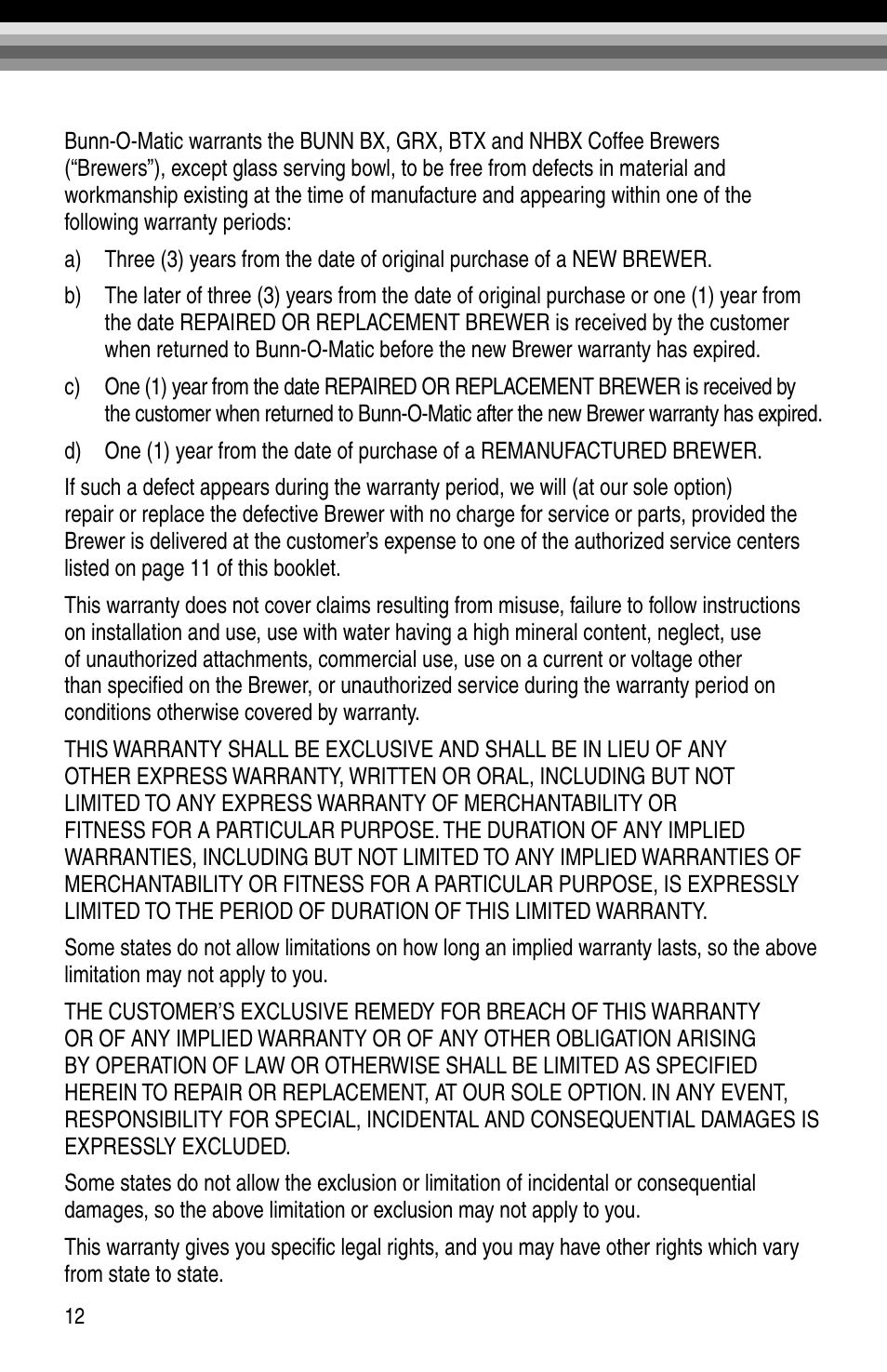 Limited warranty | Bunn BTX-B User Manual | Page 14 / 16