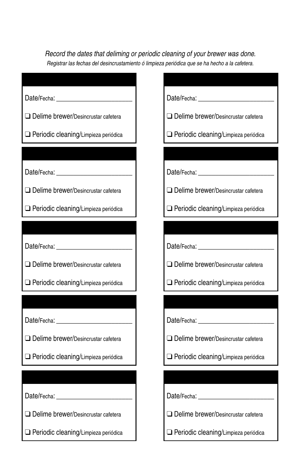 Maintenance cleaning record | Bunn BTX-B User Manual | Page 15 / 16