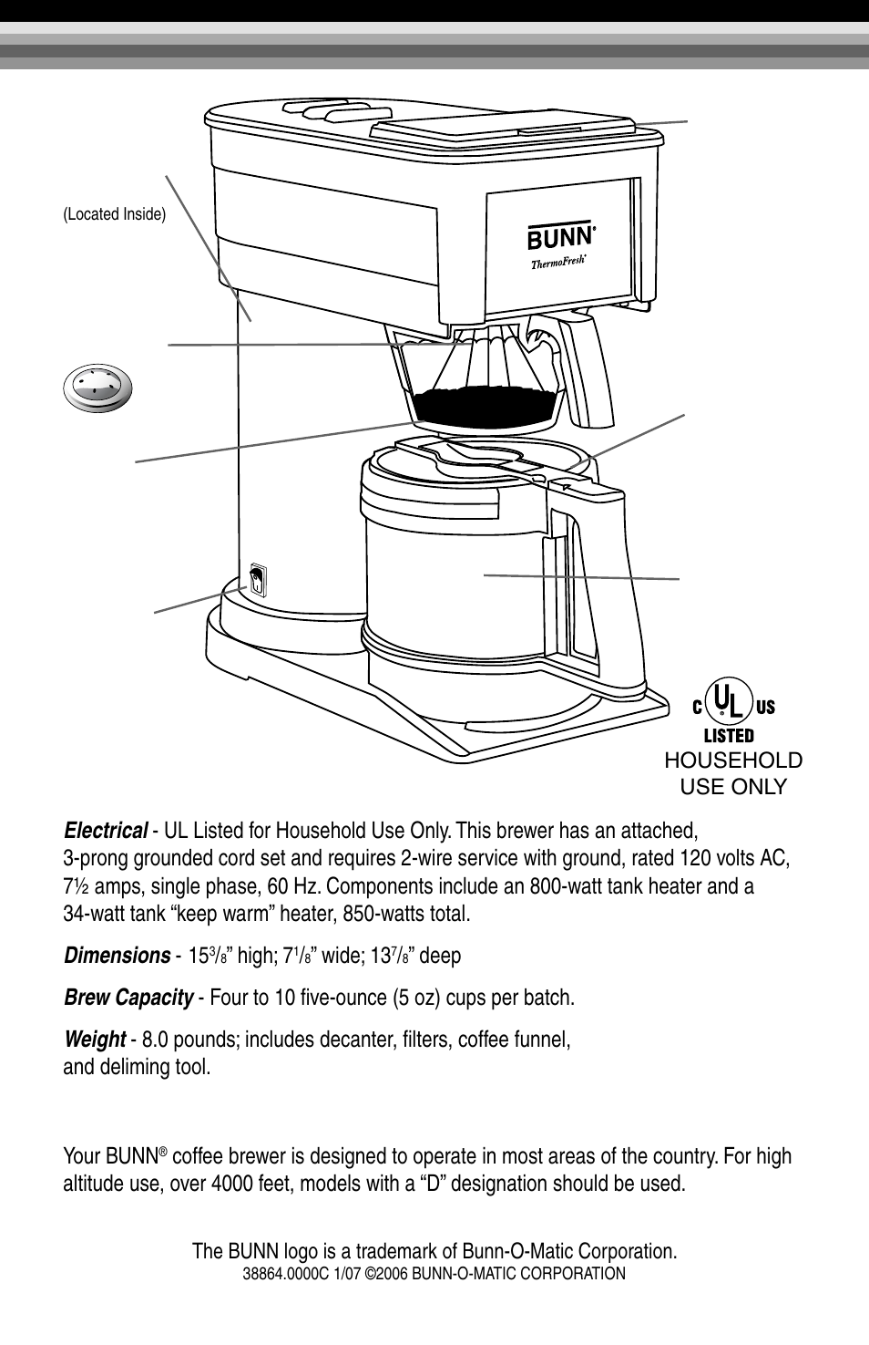 Specifications, High altitude use | Bunn BTX-B User Manual | Page 2 / 16