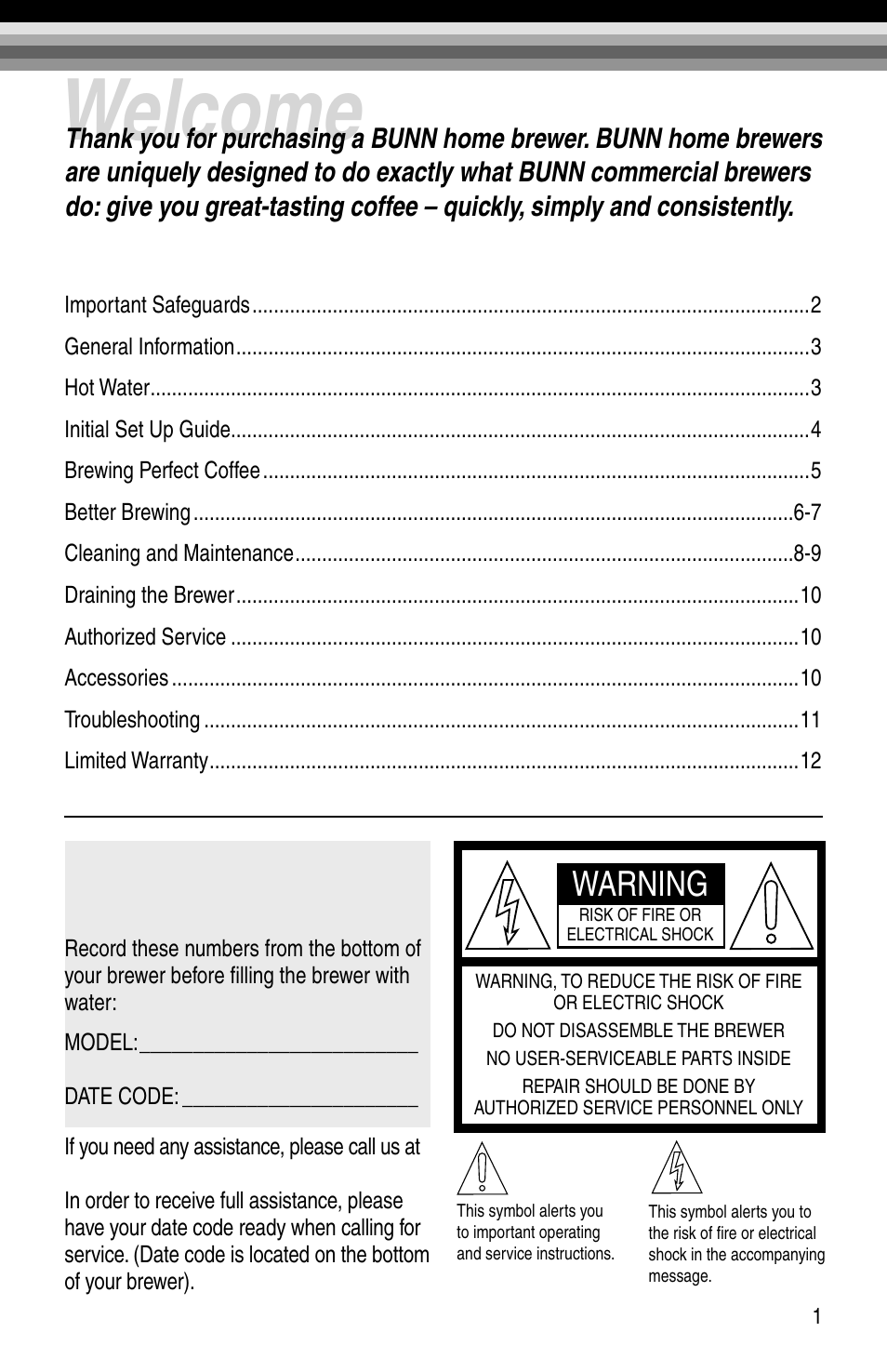 Welcome, Warning, Keep this booklet for future reference | Bunn BTX-B User Manual | Page 3 / 16