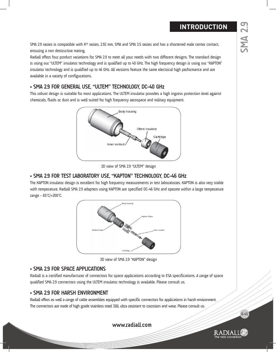 Sma 2.9, Introduction, Sma 2.9 for space applications | Sma 2.9 for harsh environment | Northern Connectors Radiall SMA Series Coaxial Connectors User Manual | Page 45 / 51