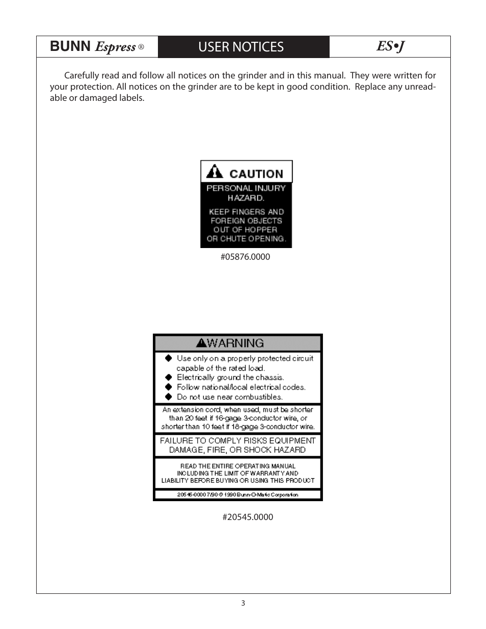 Bunn espress, Es•j, User notices | Bunn ESJ User Manual | Page 3 / 6