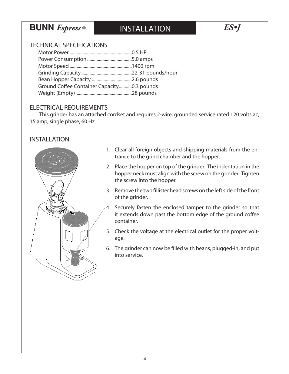 Bunn espress, Es•j, Installation | Bunn ESJ User Manual | Page 4 / 6