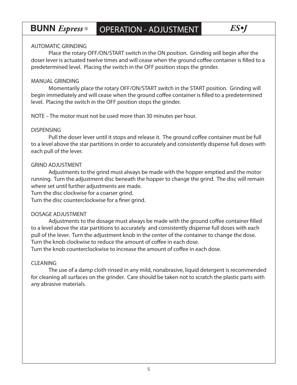 Bunn espress, Es•j, Operation - adjustment | Bunn ESJ User Manual | Page 5 / 6