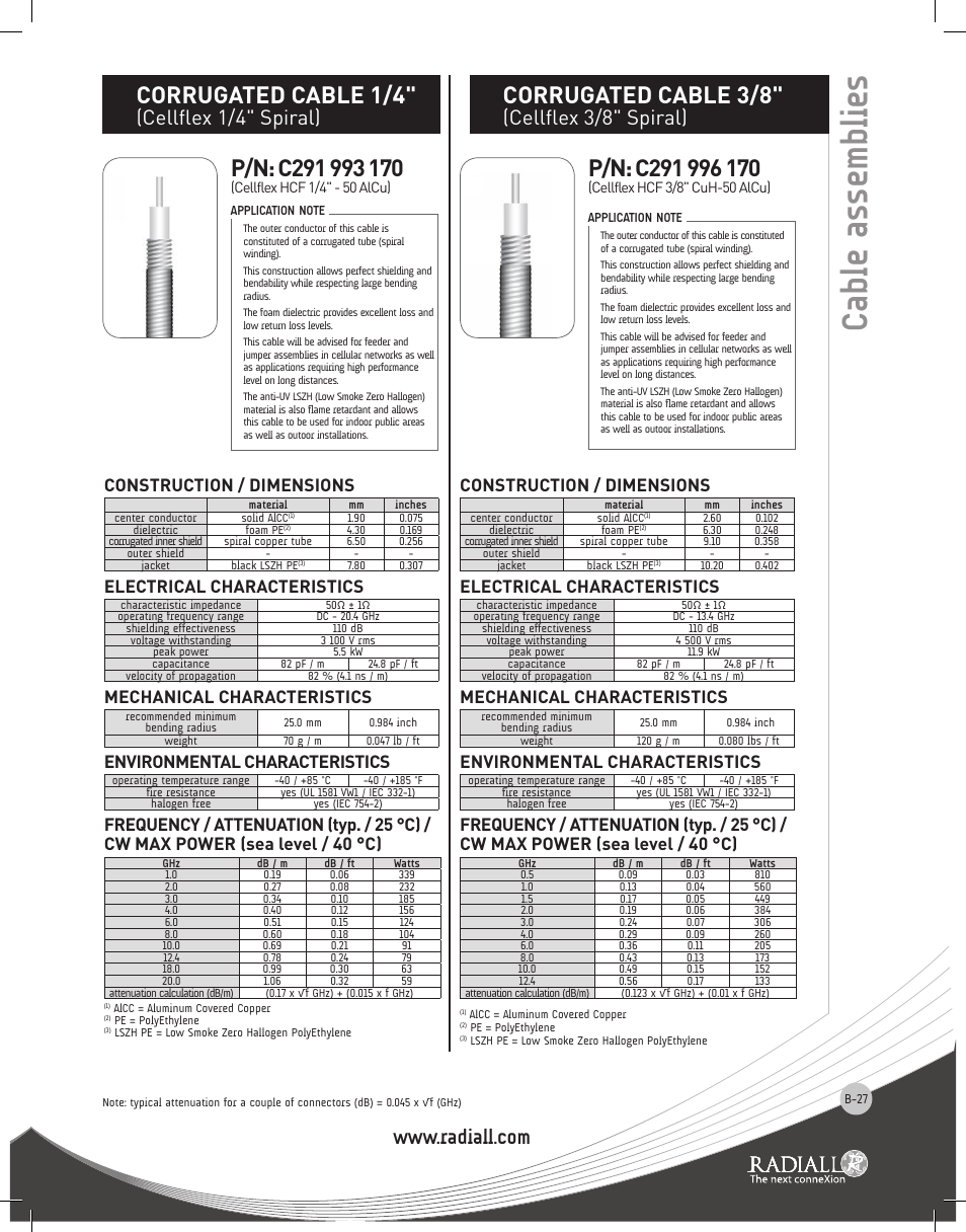 Cable assemblies, Corrugated cable 1/4, Corrugated cable 3/8 | Cellflex 1/4" spiral), Cellflex 3/8" spiral), Construction / dimensions, Electrical characteristics, Mechanical characteristics, Environmental characteristics | Northern Connectors Radiall RF & Microwave Cable Assemblies User Manual | Page 26 / 38