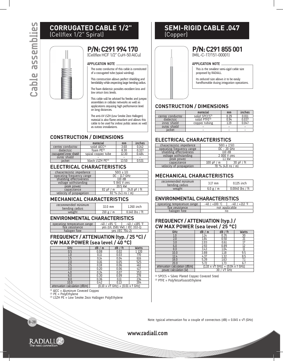 Cable assemblies, Corrugated cable 1/2, Semi-rigid cable .047 | Cellflex 1/2" spiral), Copper), Construction / dimensions, Electrical characteristics, Mechanical characteristics, Environmental characteristics | Northern Connectors Radiall RF & Microwave Cable Assemblies User Manual | Page 27 / 38