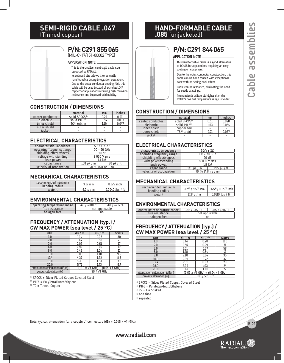 Cable assemblies, Semi-rigid cable .047, Hand-formable cable .085 | Tinned copper), Unjacketed), Construction / dimensions, Electrical characteristics, Mechanical characteristics, Environmental characteristics | Northern Connectors Radiall RF & Microwave Cable Assemblies User Manual | Page 28 / 38