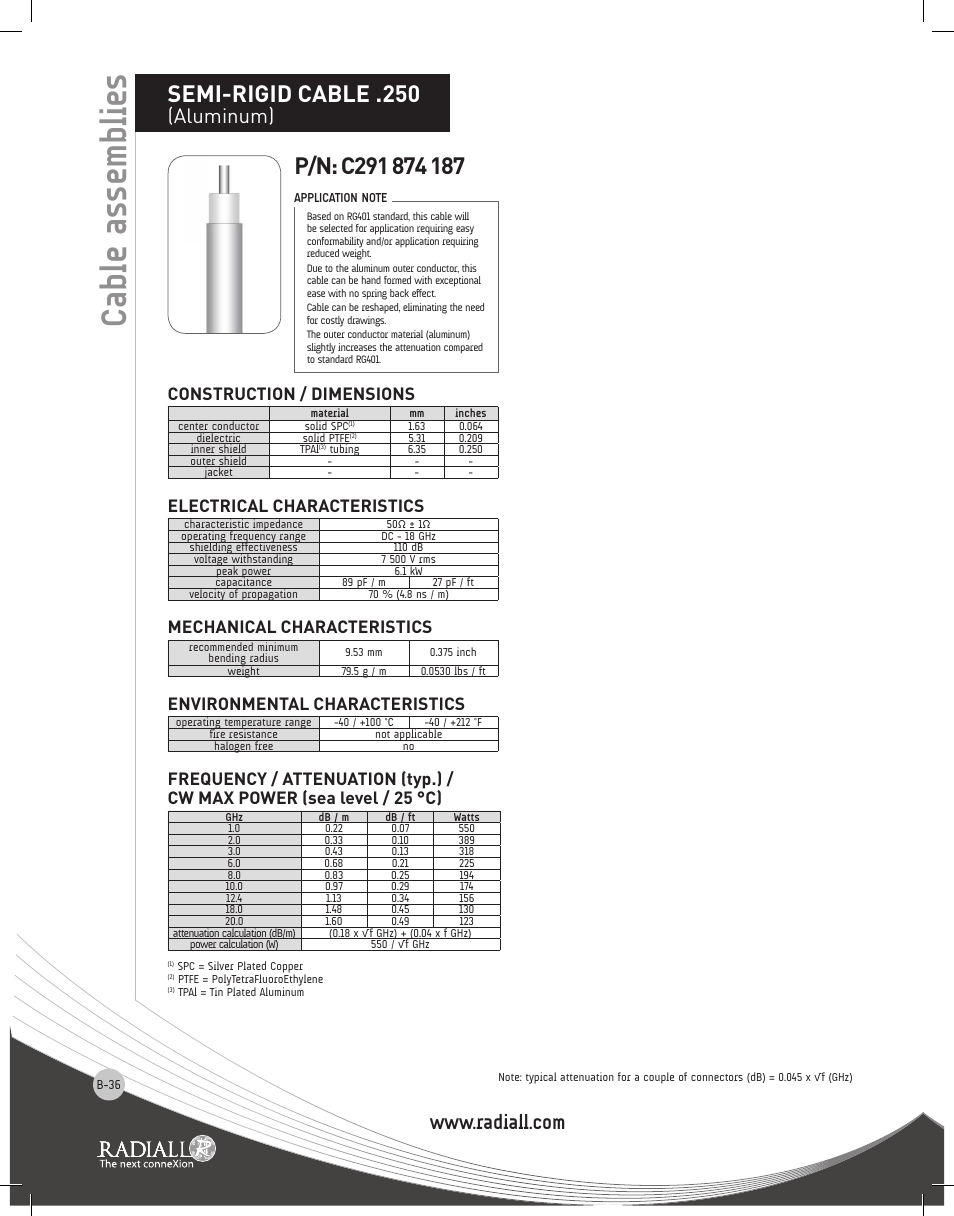 Cable assemblies, Semi-rigid cable .250, Aluminum) | Construction / dimensions, Electrical characteristics, Mechanical characteristics, Environmental characteristics | Northern Connectors Radiall RF & Microwave Cable Assemblies User Manual | Page 35 / 38