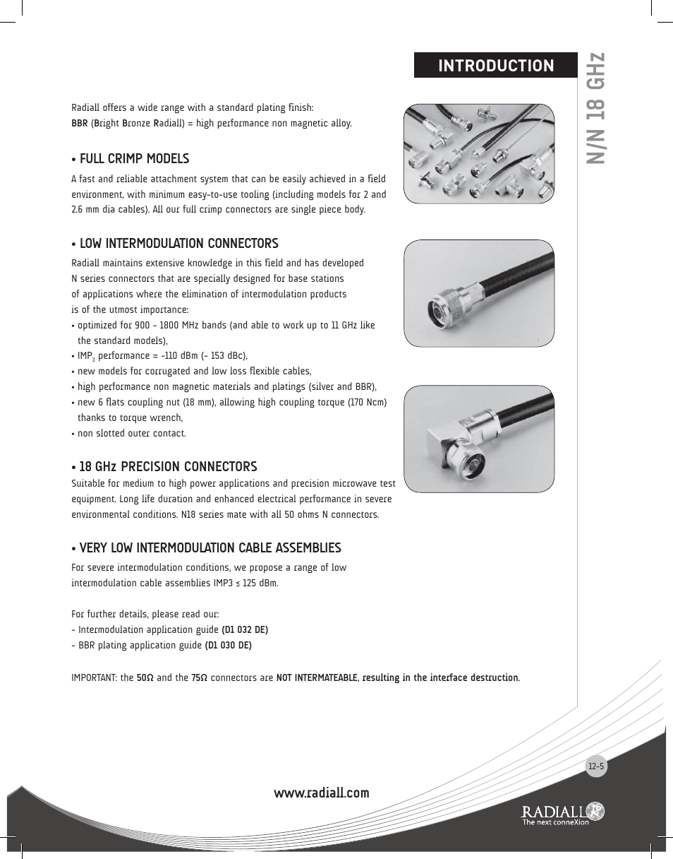 N/n 18 ghz, Introduction, Full crimp models | Low intermodulation connectors, Ghz precision connectors, Very low intermodulation cable assemblies | Northern Connectors Radiall N Series Coaxial Connectors User Manual | Page 5 / 27