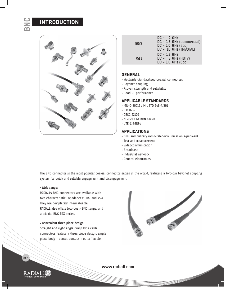 Introduction, 4 to 10-5 | Northern Connectors Radiall BNC Series Coaxial Connectors User Manual | Page 4 / 35