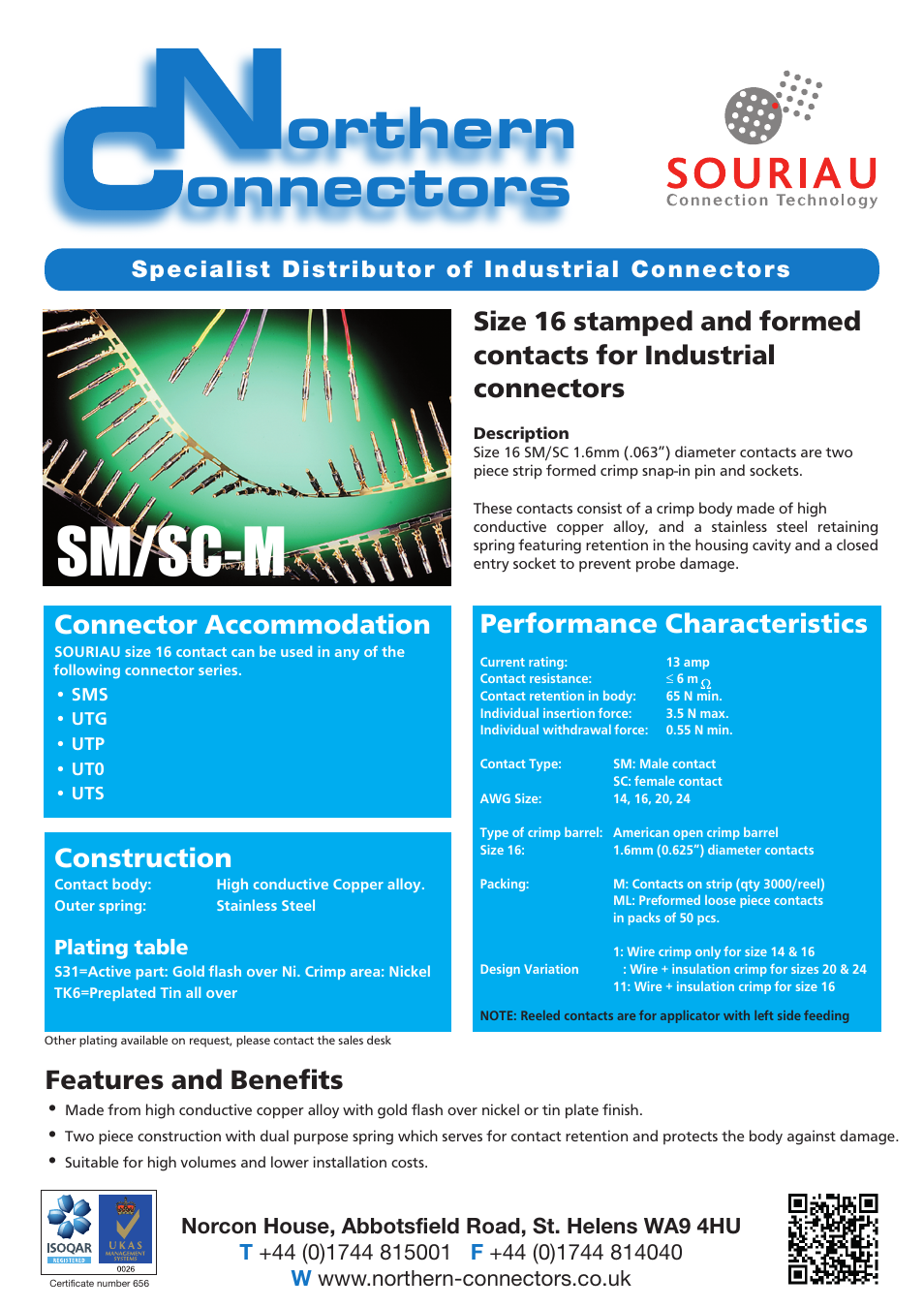 Northern Connectors Souriau SC/SM Stamped & Formed Contacts Size 16 User Manual | 2 pages