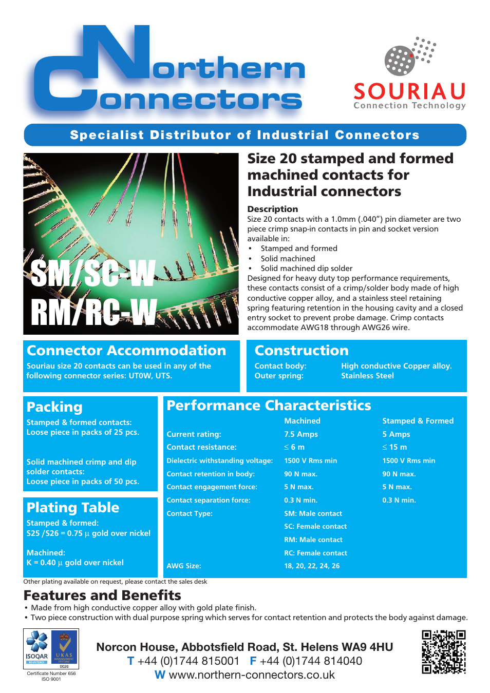 Northern Connectors Souriau RM/RC-W Machined Contacts & SM/SC-W Stamped Contacts Size 20 User Manual | 2 pages