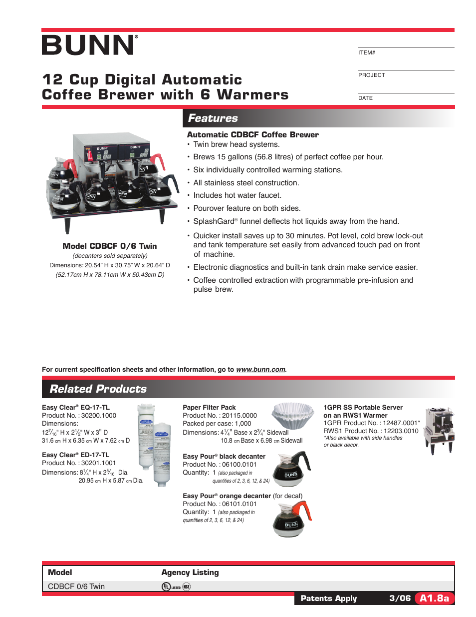 Bunn CDBCF 0/6 TWIN User Manual | 2 pages